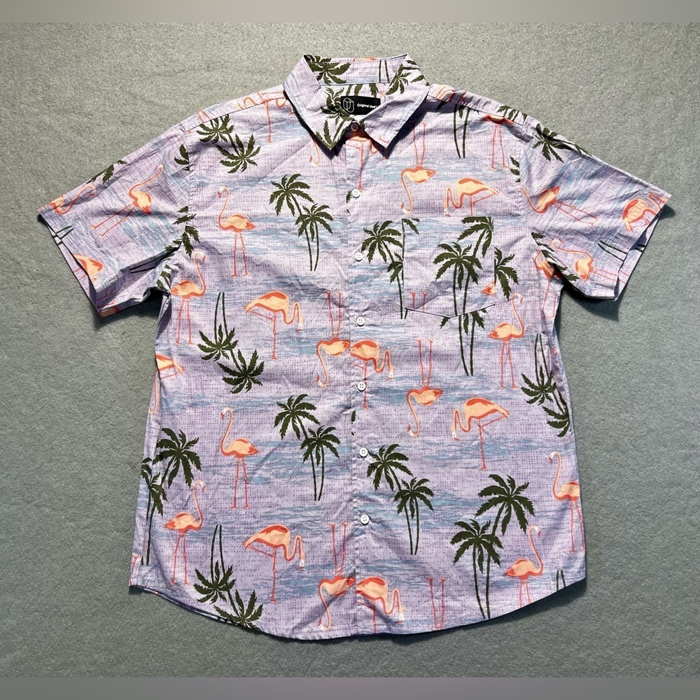 ORIGINAL USE Flamingo Palm Trees Tropical Button-Up Shirt Men’s Large Purple NWT